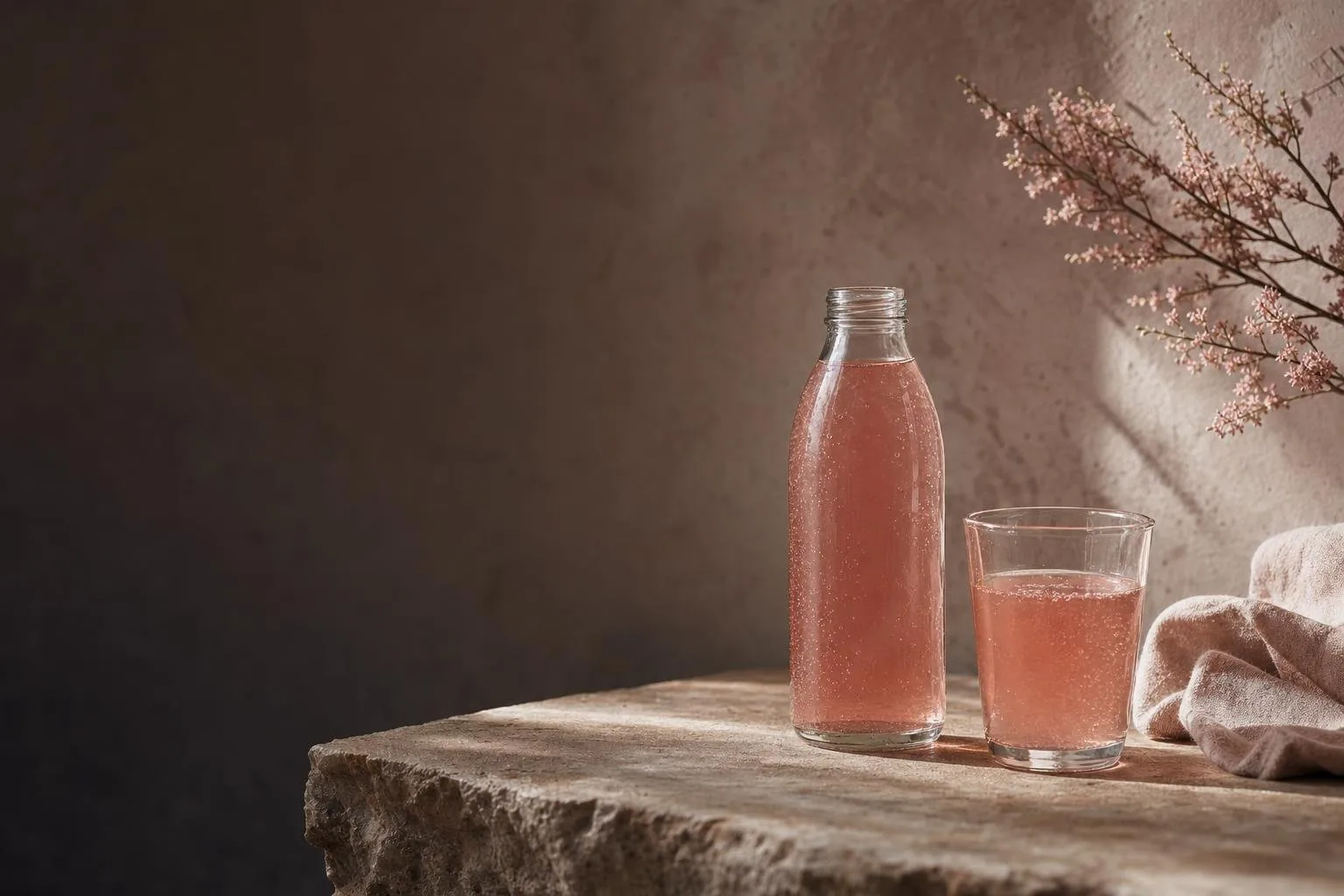 Amber bottle of Wildroot Kombucha with a hand-stamped kraft-paper label, warm still life on burlap